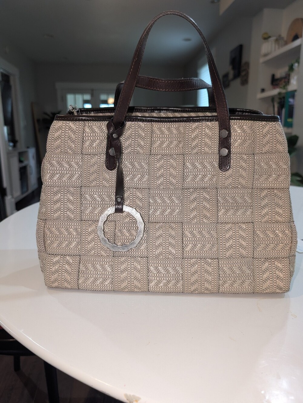 Alma Tonutti Woven Beige Tote Bag with Dark Brown Handles